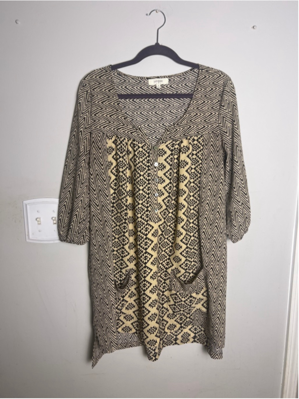 Umgee Boho Mini Dress Top Tunic Medium Black Cream Tribal Print Flowy Blouse